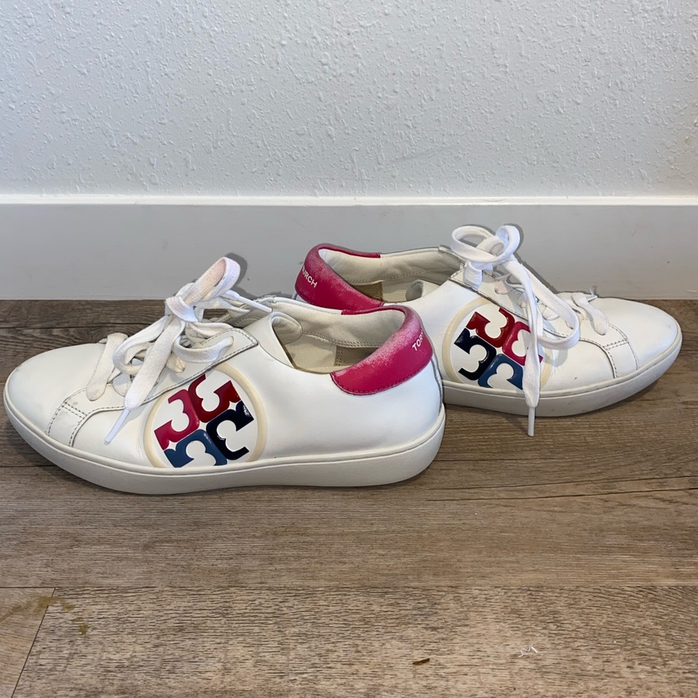Tory Burch Leigh T Logo Women’s Size 7.5 M Sneakers Leather Snow White / Azalea